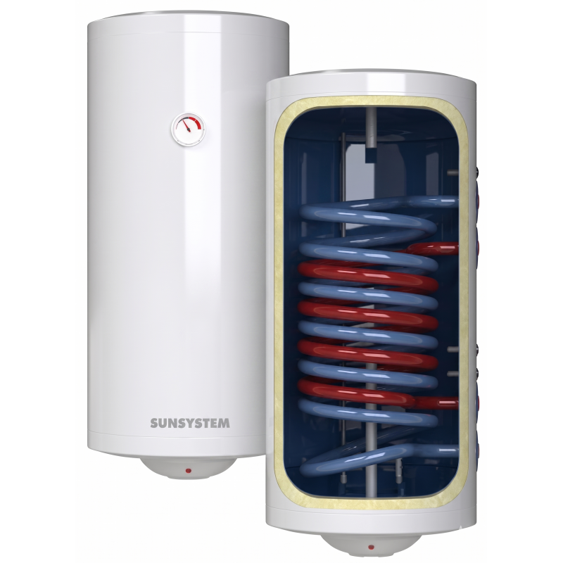 Вертикален бойлер Sunsystem 120 л, 3 kW, две паралелни серпентини, емайлиран Вертикален бойлер Sunsystem 120 л, 3 kW, две паралелни серпентини, емайлиран